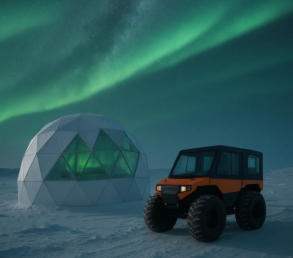 An orange-and-black all-terrain vehicle with large tyres is parked next to an insulated white dome on a snowy plain under a vibrant green aurora borealis and a starry night sky. The dome's windows glow green.
